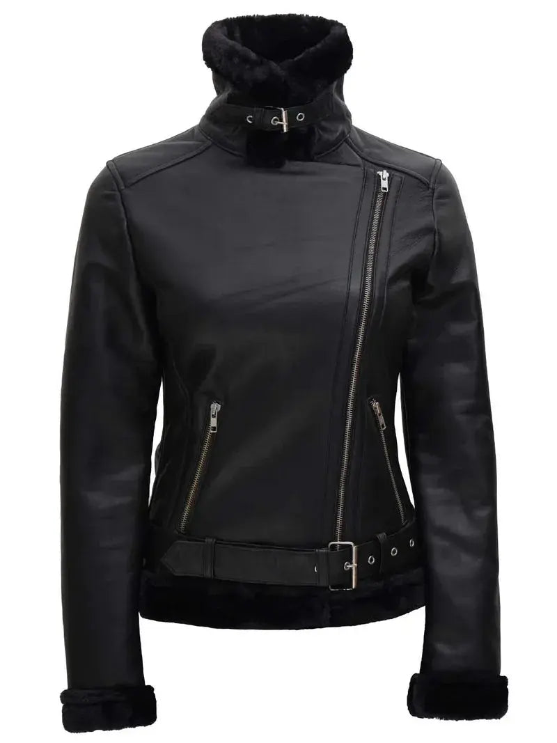 Agnes Womens Black Leather Shearling Jacket Orca Cloths