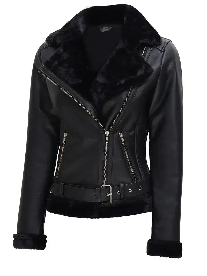 Agnes Womens Black Leather Shearling Jacket Orca Cloths
