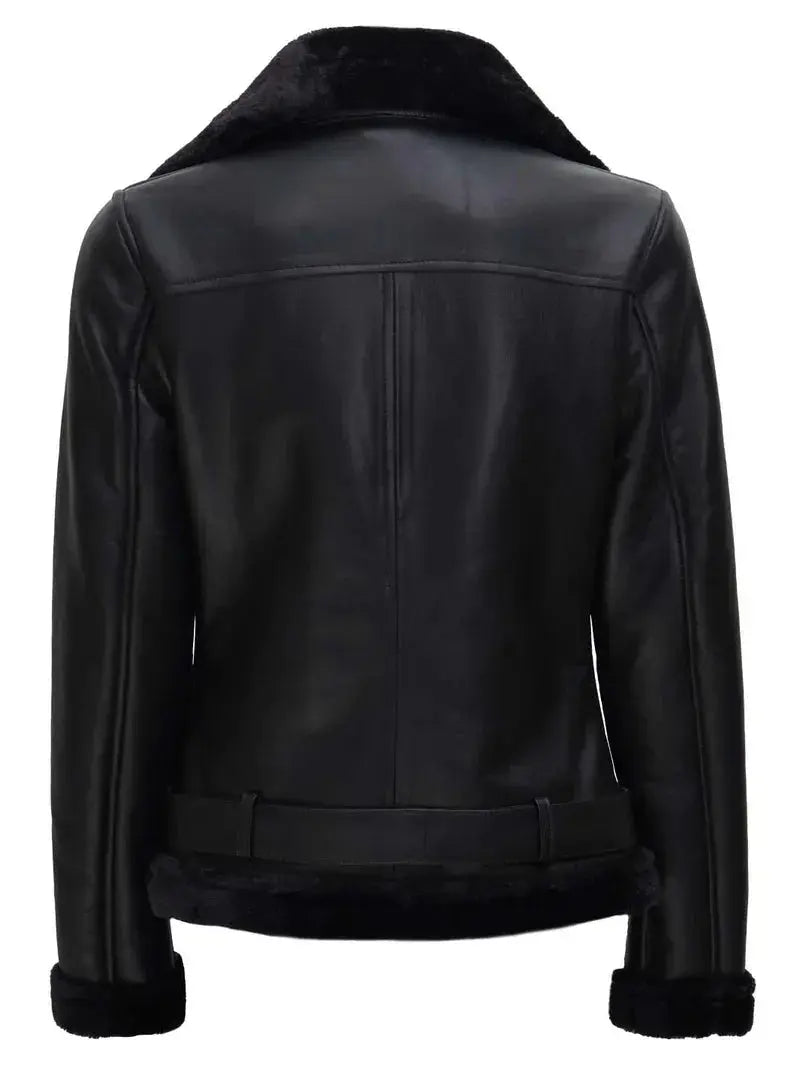 Agnes Womens Black Leather Shearling Jacket Orca Cloths
