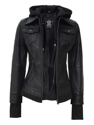 Tall Women's Black Motorcycle Leather Jacket with Hood