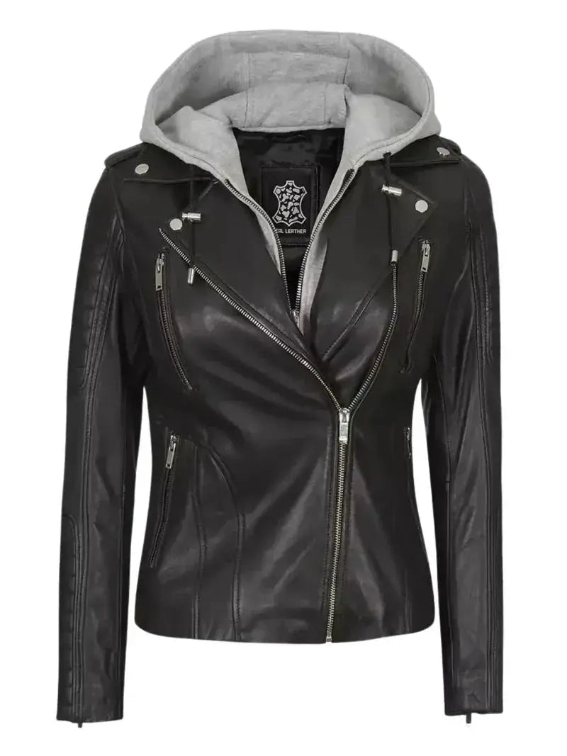 Bagheria Womens Black Leather Biker Jacket With Removable Hood - Orca Cloths