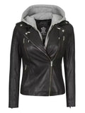 Bagheria Womens Black Leather Biker Jacket With Removable Hood - Orca Cloths