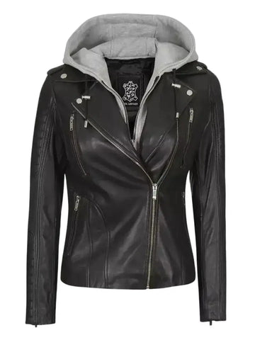 Bagheria Womens Black Leather Biker Jacket With Removable Hood - Orca Cloths