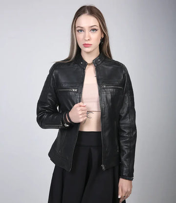 Women's Black Cafe Racer Leather Jacket