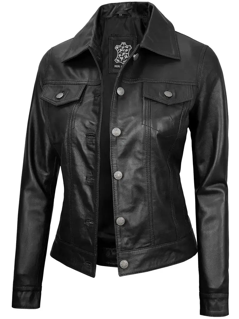 Fernando Women's Black Leather Trucker Jacket - Orca Cloths