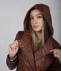 Cidra Women Asymmetrical Brown Hooded Leather Jacket - Orca Cloths