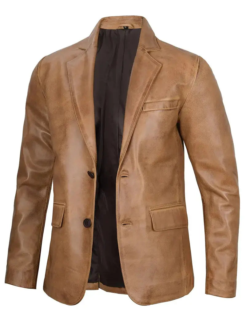 Camel Brown Real Leather Two Button Blazer - Orca Cloths