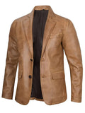 Camel Brown Real Leather Two Button Blazer - Orca Cloths