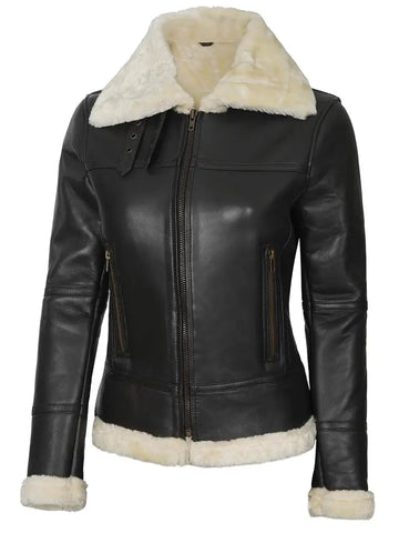 Frances Women's Dark Brown Shearling Leather Bomber Jacket - Orca Cloths