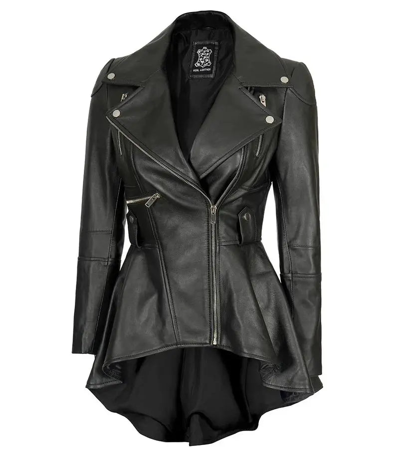 Gonzalez Women’s Black Asymmetrical Peplum Leather Jacket - Orca Cloths