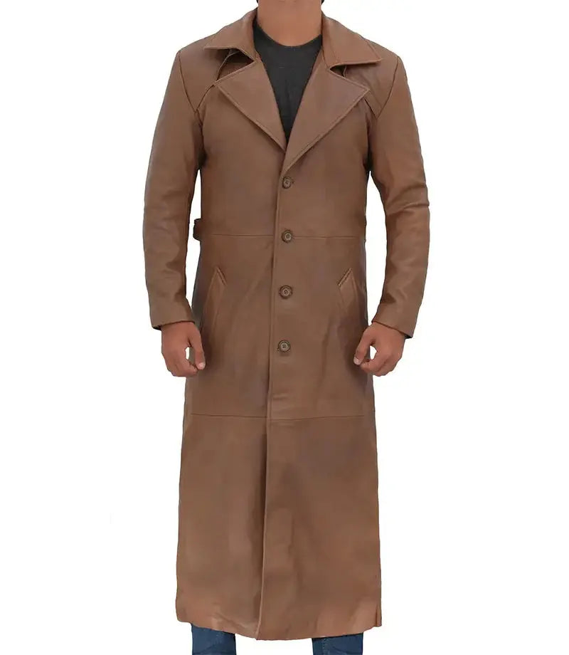 Jackson Men's Distressed Brown Leather Long Trench Coat - Orca Cloths