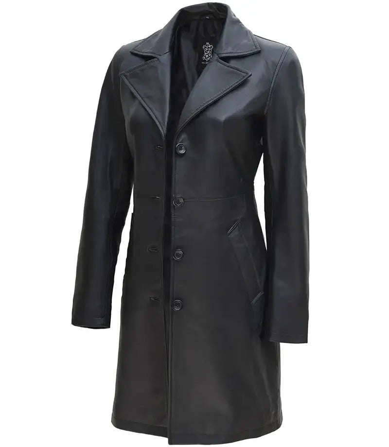 Jackson Petite Women Black Leather Long Coat - Orca Cloths