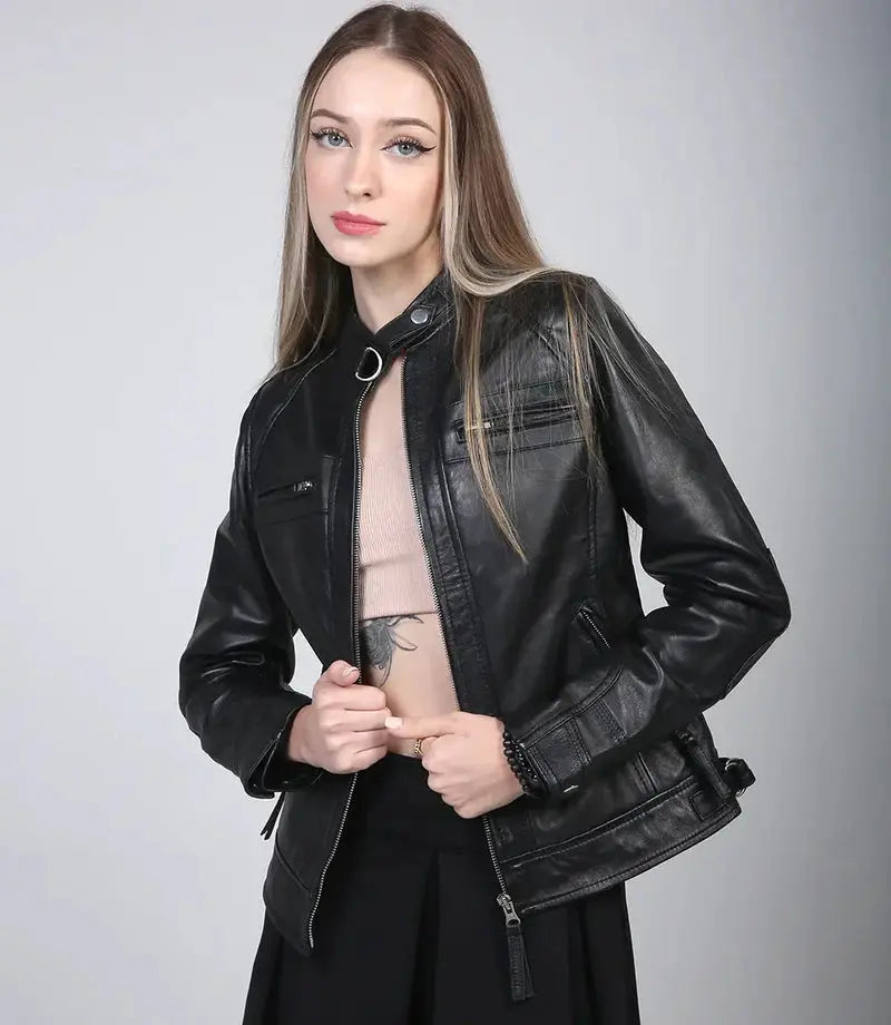 Johnson Women Black Cafe Racer Leather Jacket - Orca Cloths