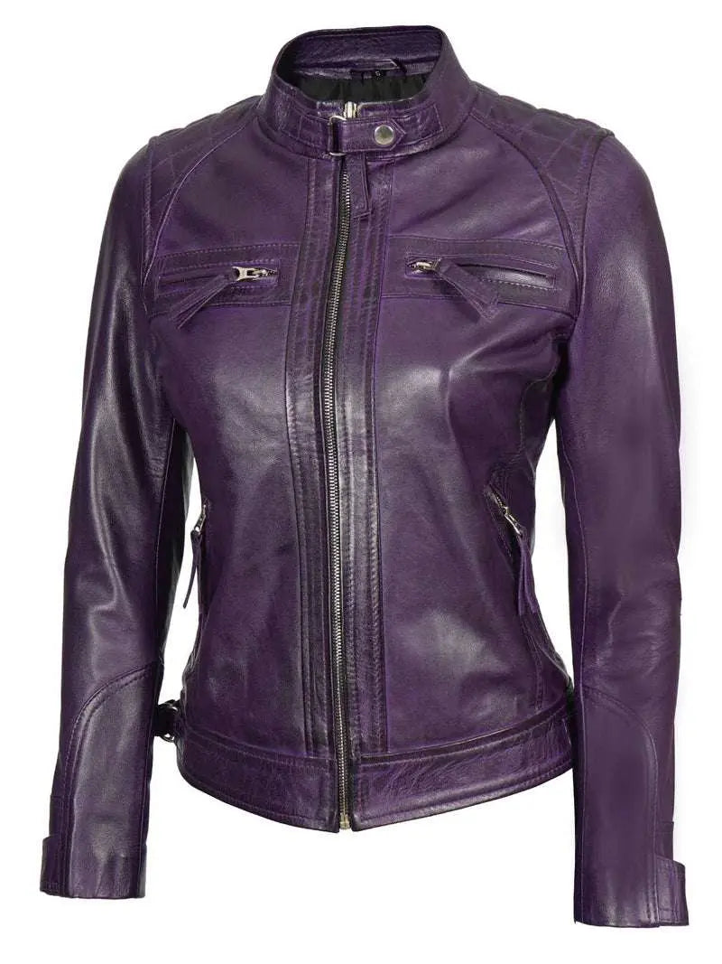 Johnson Women's Purple Quilted Café Racer Leather Jacket