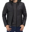 Jonathan Mens Black Cafe Racer Leather Jacket with Removable Hood - Orca Cloths