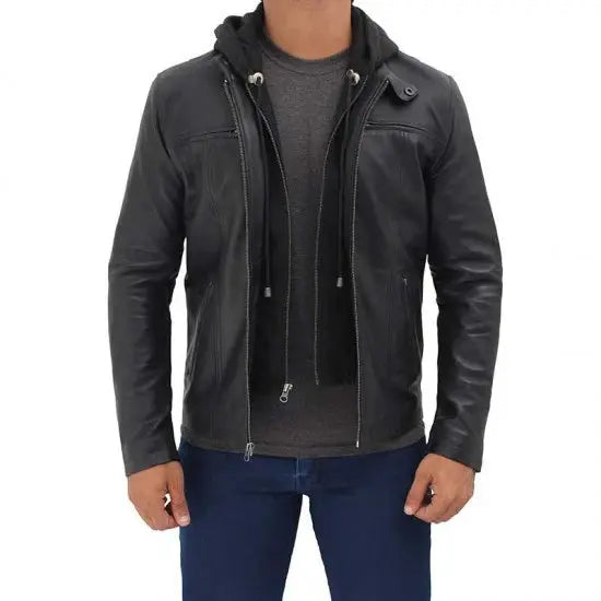 Jonathan Mens Black Cafe Racer Leather Jacket with Removable Hood - Orca Cloths