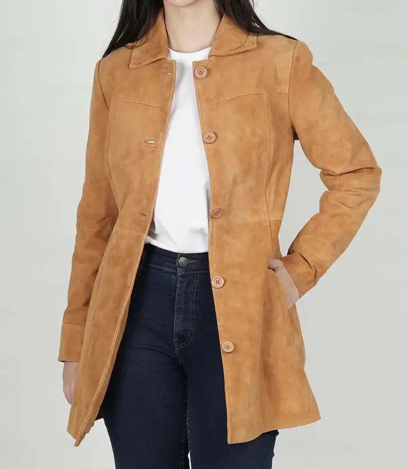 Kandis Brown Women's Suede Car Coat - Orca Cloths