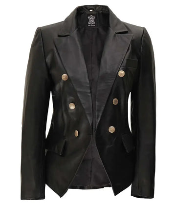 Kim Kardashian Double Breasted Black Leather Blazer - Orca Cloths
