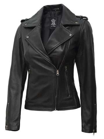 Kirsten Women's Black Asymmetrical Leather Motorcycle Jacket - Orca Cloths