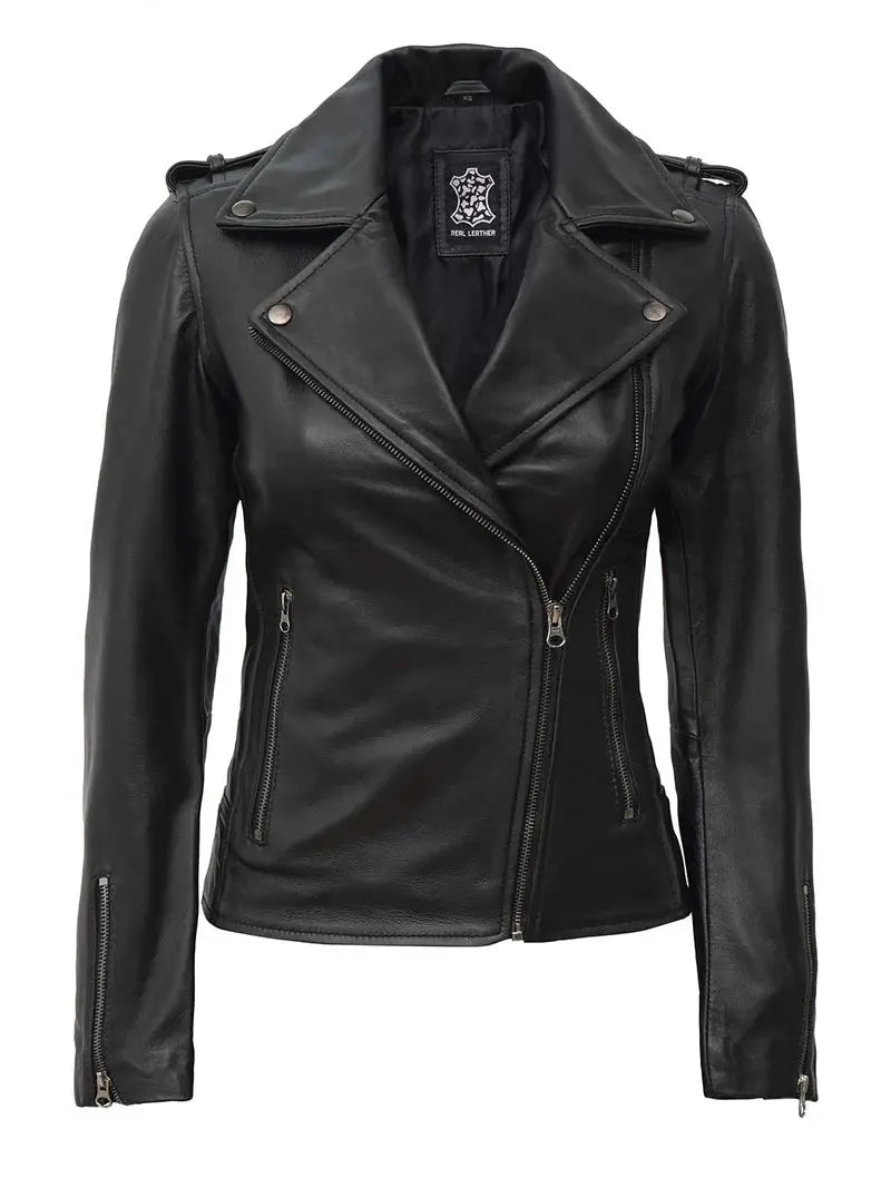 Kirsten Women's Black Asymmetrical Leather Motorcycle Jacket - Orca Cloths