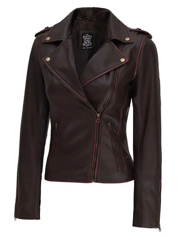 Kirsten Womens Dark Brown Asymmetrical Leather Biker Jacket - Orca Cloths