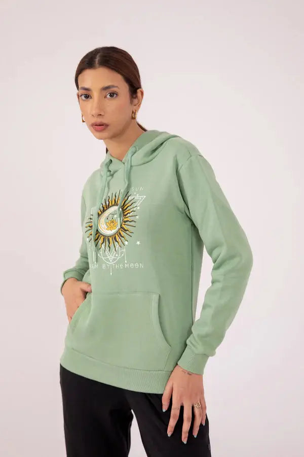 Ladies' Sun & Moon Graphic Pullover Hoodie – Sage Green - Orca Cloths