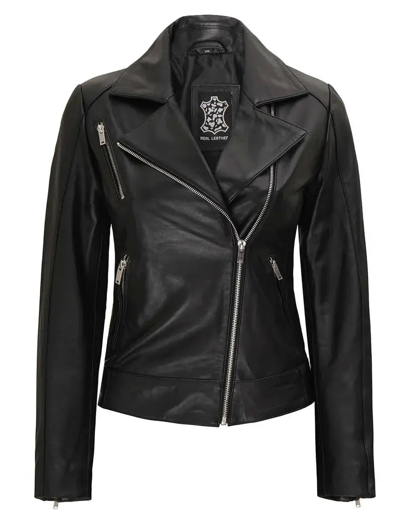 Linda Women's Black Asymmetrical Cafe Racer Leather Jacket - Orca Cloths