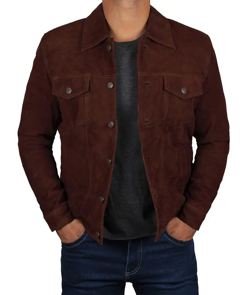 Logan Men's Dark Brown Suede Trucker Jacket - Orca Cloths