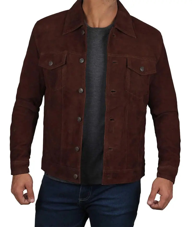 Logan Men's Dark Brown Suede Trucker Jacket - Orca Cloths