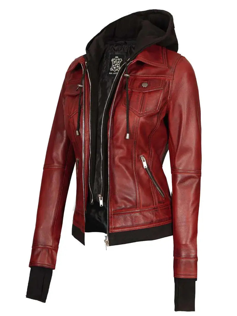 Maroon Womens Leather Bomber Jacket with Hood - Orca Cloths