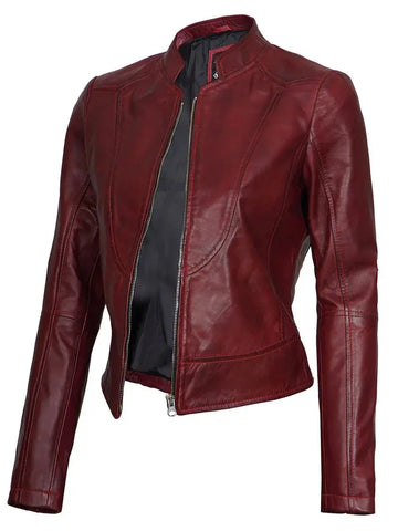 Amy Womens Maroon Cafe Racer Leather Jacket Orca Cloths