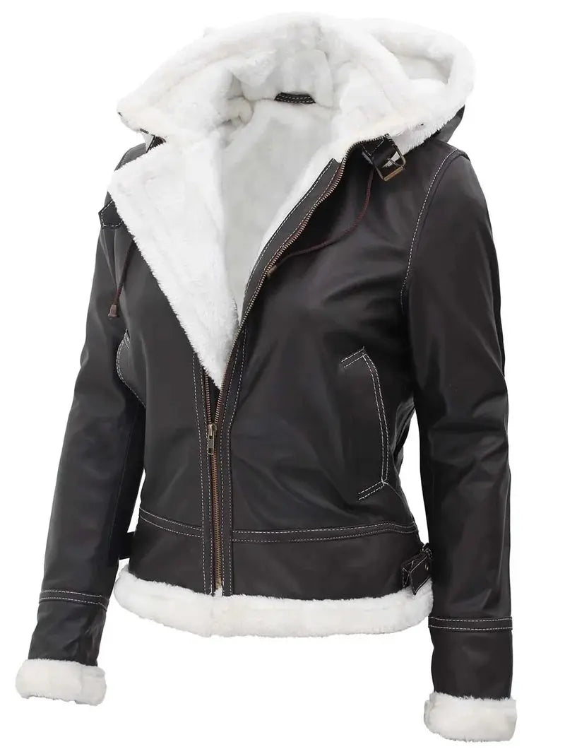 Mary Womens Fur Lined Dark Brown Bomber Leather Jacket with Removable Hood - Orca Cloths