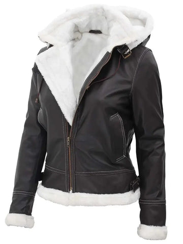 Mary Womens Fur Lined Dark Brown Bomber Leather Jacket with Removable Hood - Orca Cloths