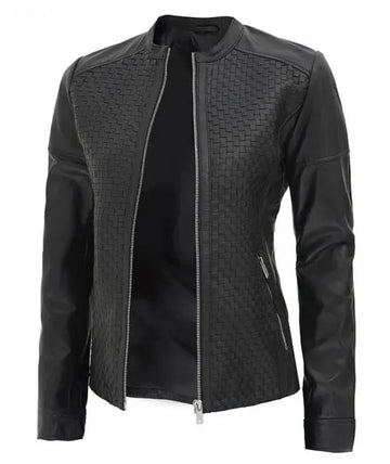 Maude Women's Black Textured Cafe Racer Leather Jacket - Orca Cloths