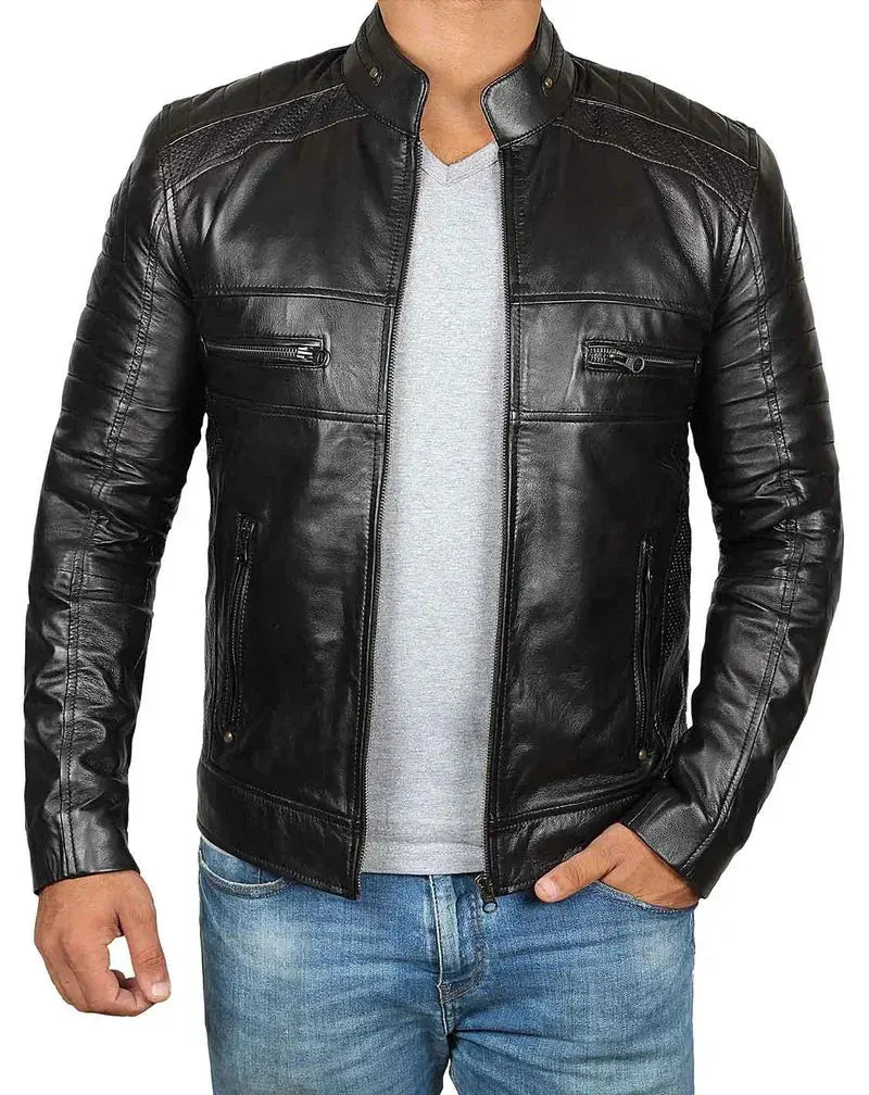 Austin Mens Tall Black Cafe Racer Leather Jacket - Orca Cloths