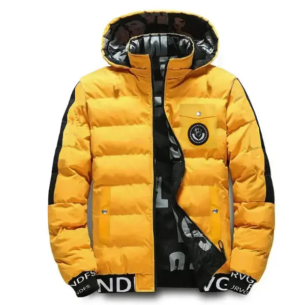 Men’s Stylish Yellow Puffer Jacket with Black Accents - Orca Cloths