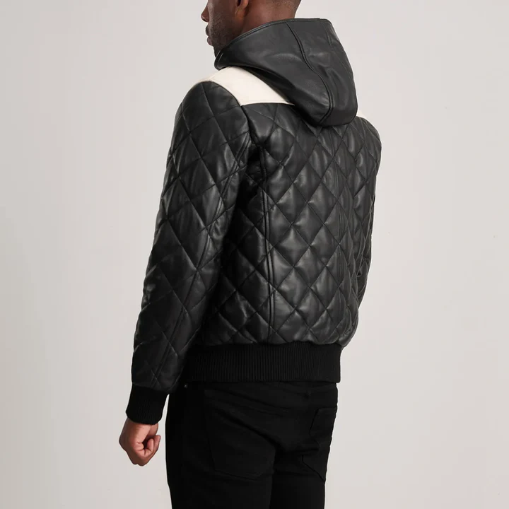 Norman Black Hooded Men's Bomber Leather Puffer Jacket
