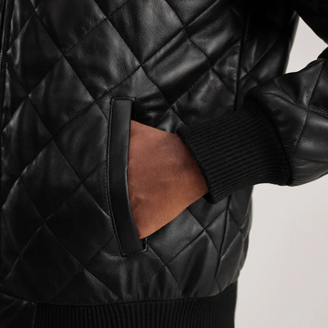 Norman Black Hooded Men's Bomber Leather Puffer Jacket