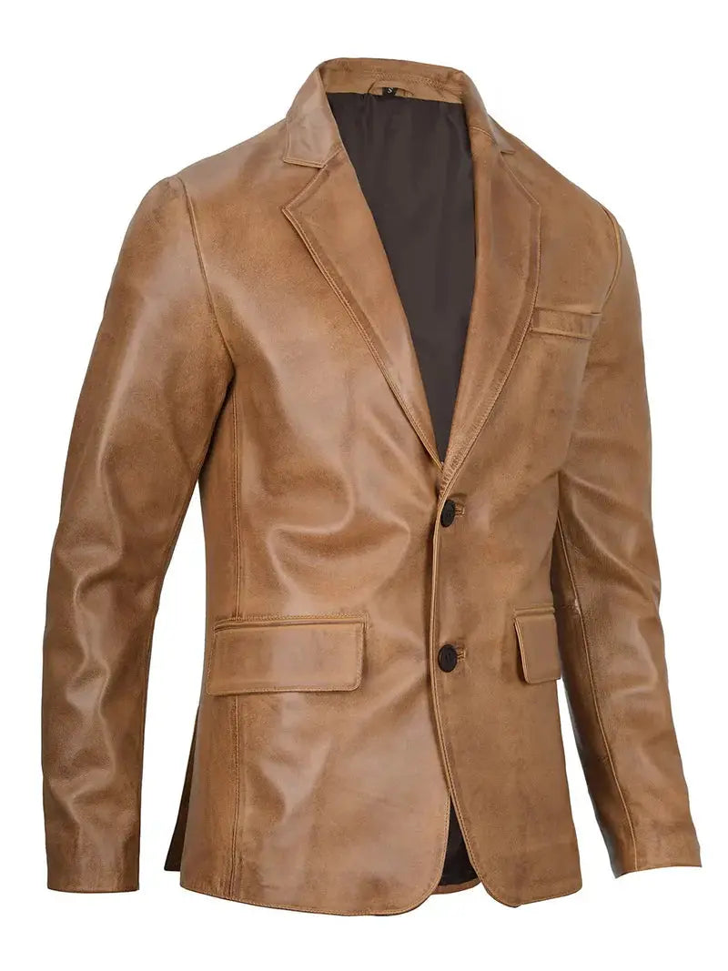 Camel Brown Real Leather Two Button Blazer - Orca Cloths