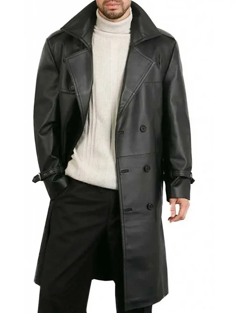 Mens Belted Double Breasted Black Leather Trench Coat - Orca Cloths