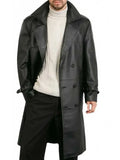 Mens Belted Double Breasted Black Leather Trench Coat - Orca Cloths
