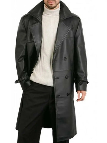 Mens Belted Double Breasted Black Leather Trench Coat - Orca Cloths