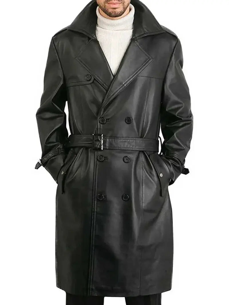 Mens Belted Double Breasted Black Leather Trench Coat - Orca Cloths