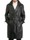 Mens Belted Double Breasted Black Leather Trench Coat - Orca Cloths