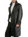 Mens Belted Double Breasted Black Leather Trench Coat - Orca Cloths