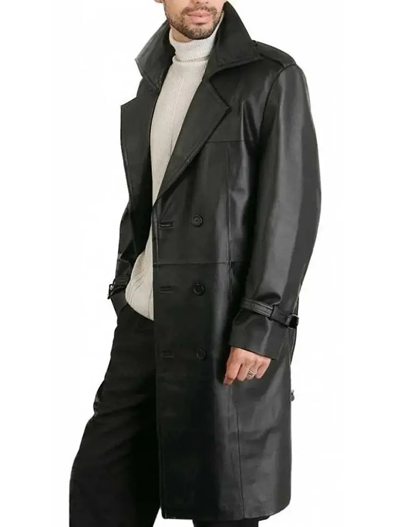 Mens Belted Double Breasted Black Leather Trench Coat - Orca Cloths