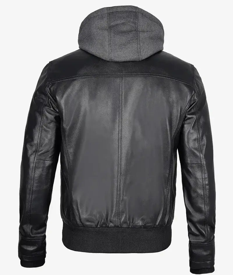 Mens Black Bomber Leather Jacket with Removable Hood - Orca Cloths