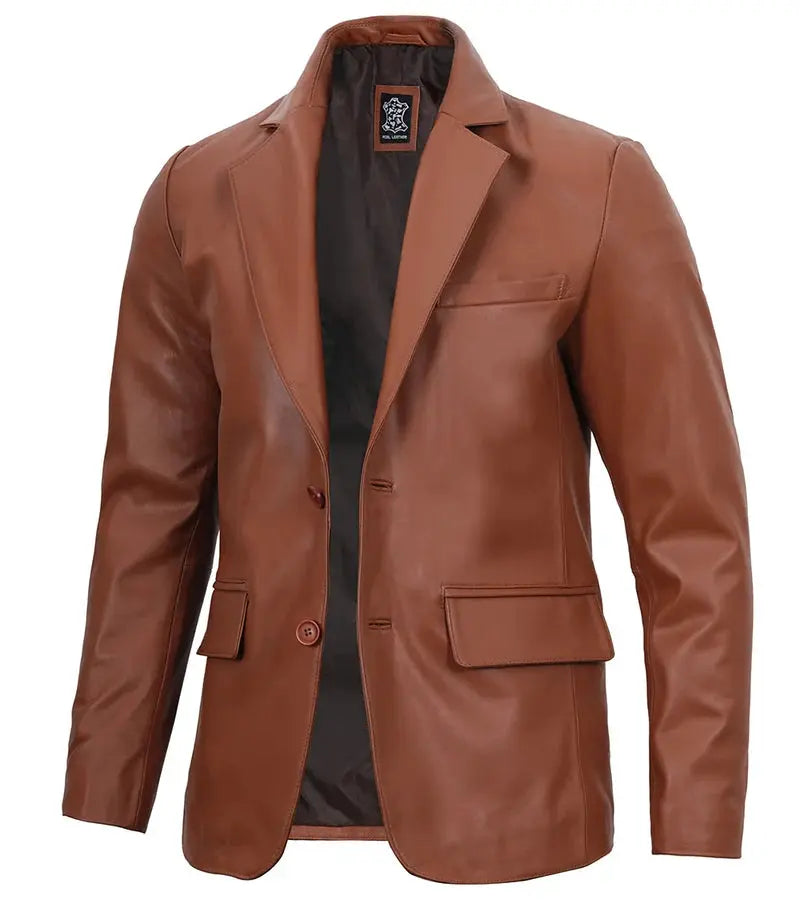 Mens Cognac Brown Real Leather Blazer - Orca Cloths