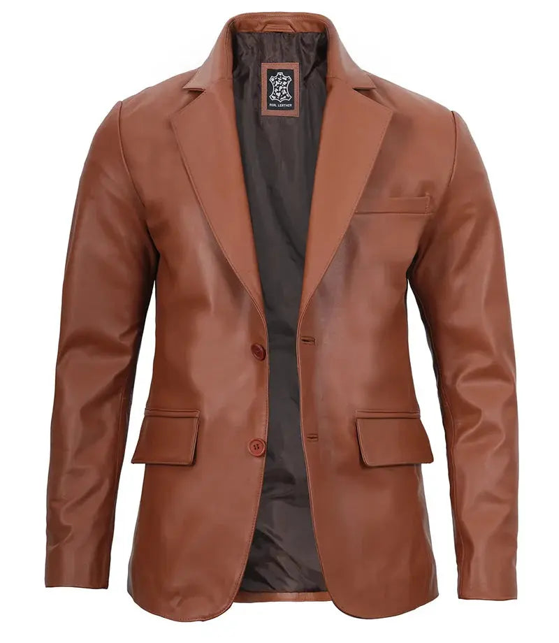 Mens Cognac Brown Real Leather Blazer - Orca Cloths