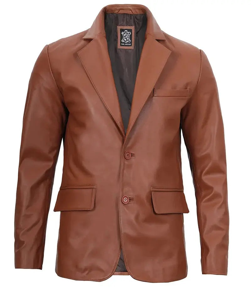 Mens Cognac Brown Real Leather Blazer - Orca Cloths